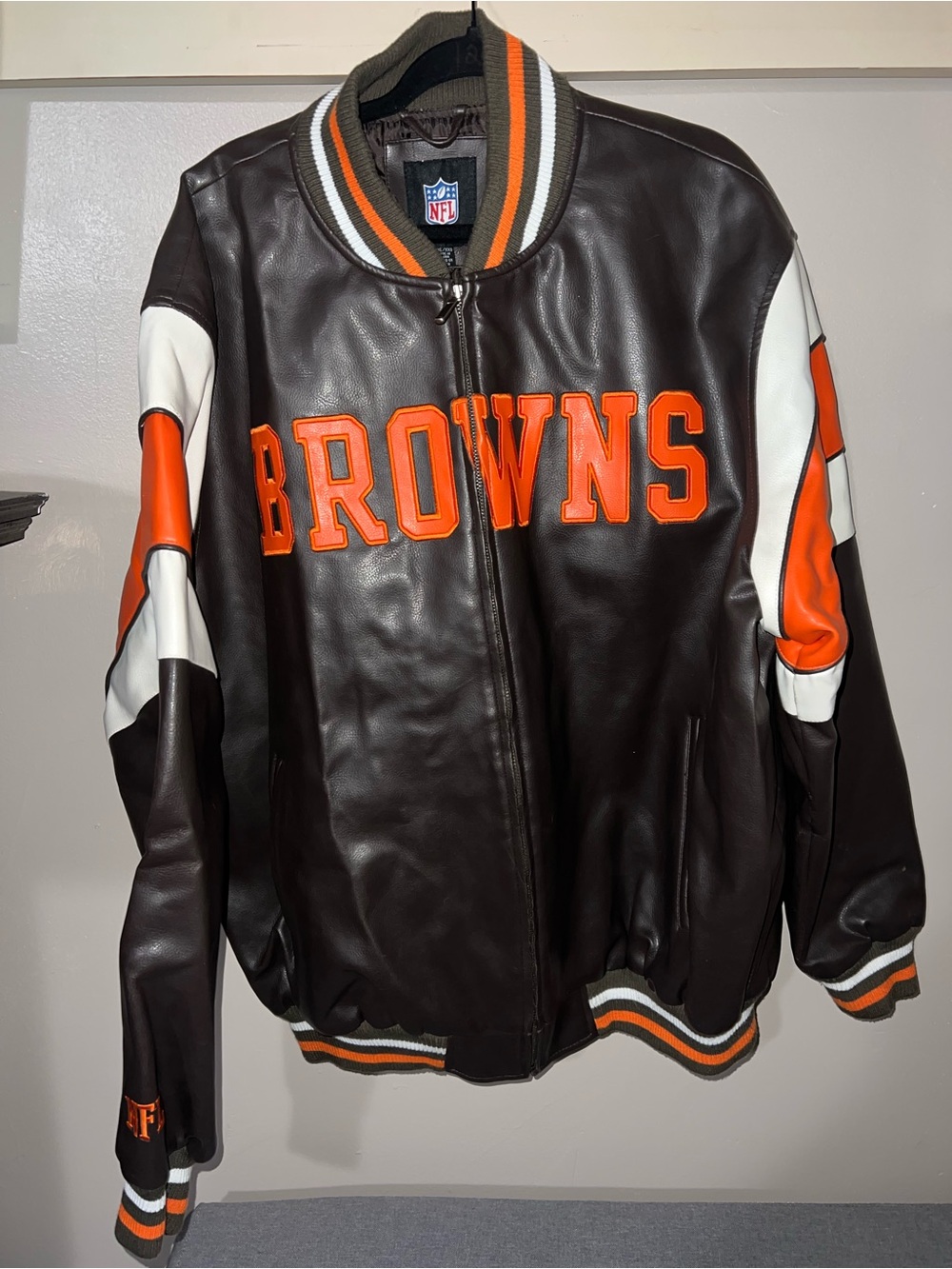 Cleveland Browns Leather Varsity Jacket in Brown, Orange & White